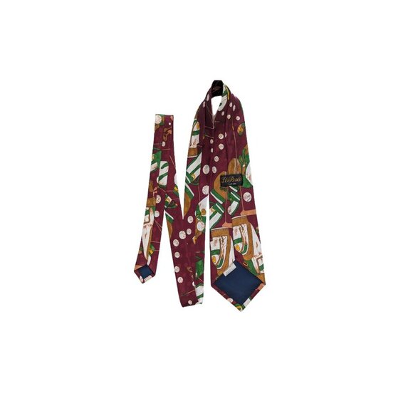 FloRence & K Silk Golf Print Tie Burgundy Green White Polo Sports Classic 59" - Picture 3 of 6